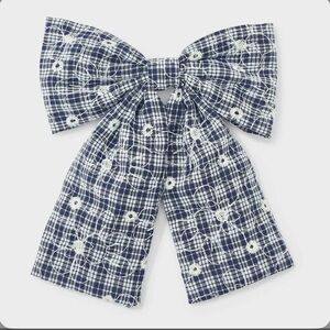Sold - Navy Plaid Bow with White Floral Embroidery